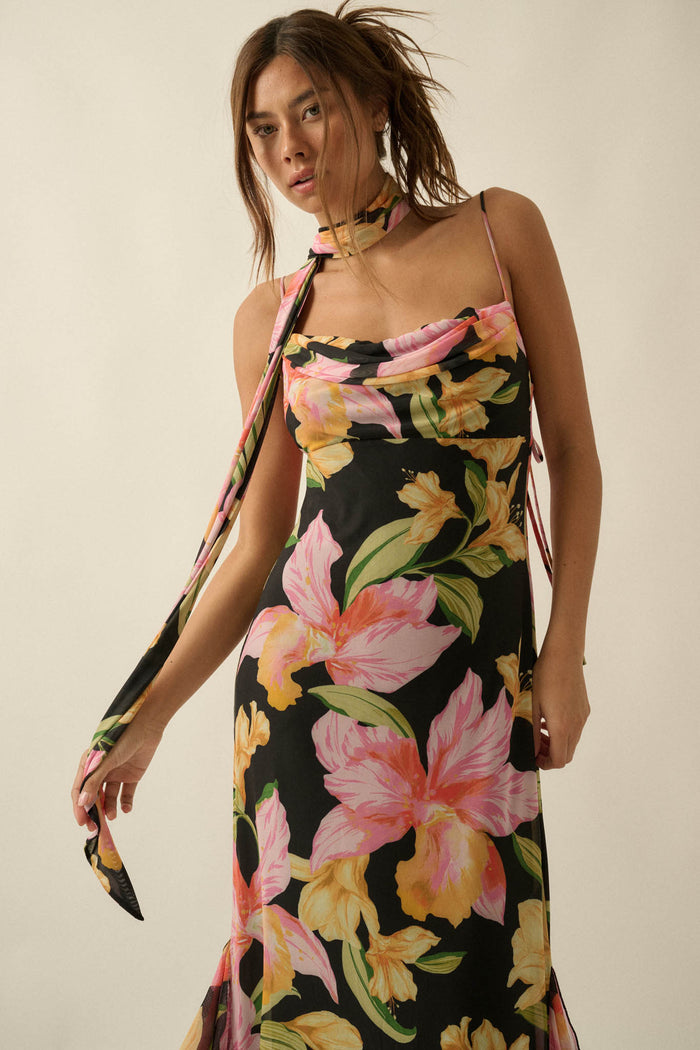 Lavish Petals Floral Mesh Ruffle Maxi Dress and Scarf - ShopPromesa