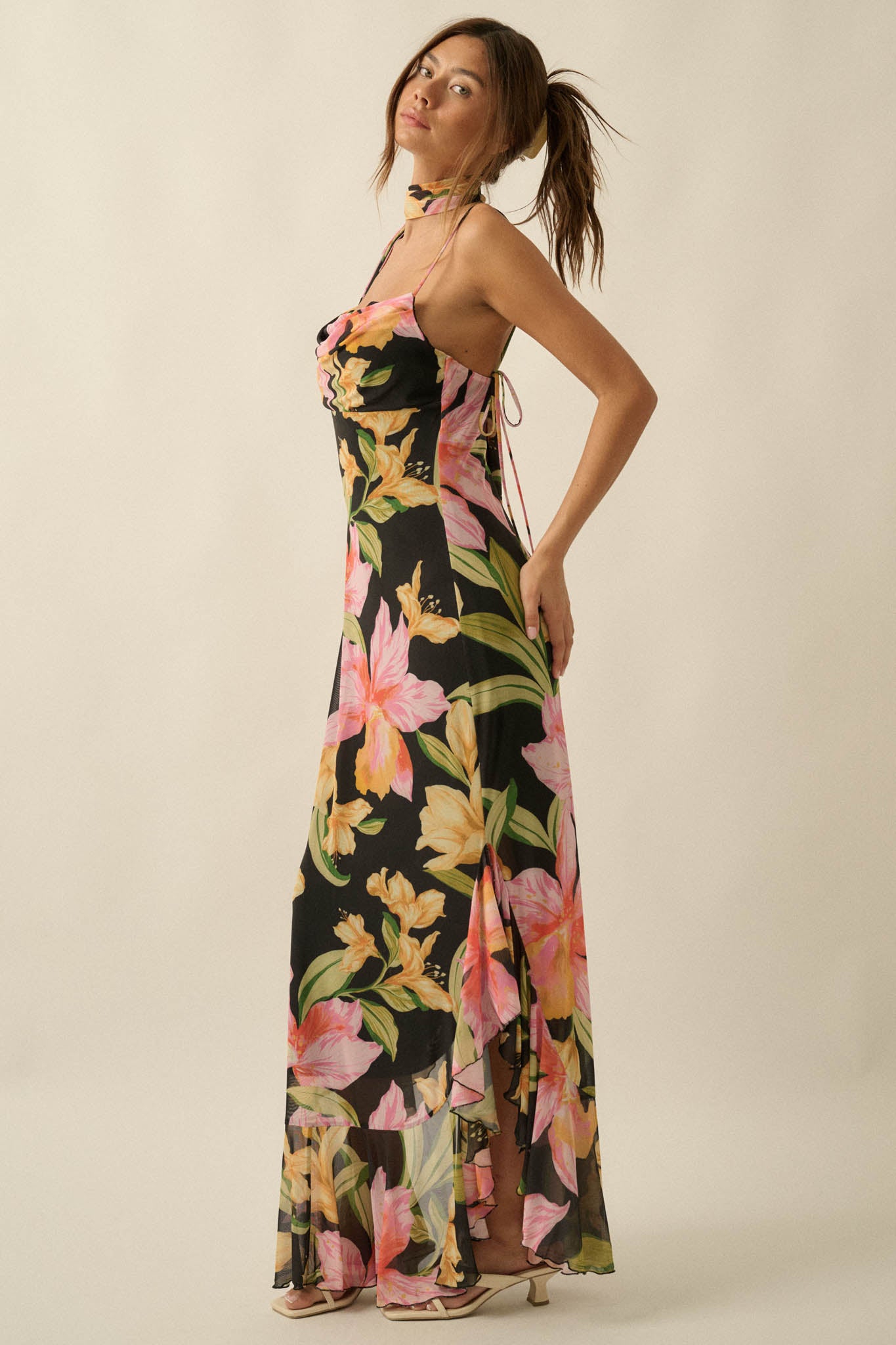 Lavish Petals Floral Mesh Ruffle Maxi Dress and Scarf - ShopPromesa