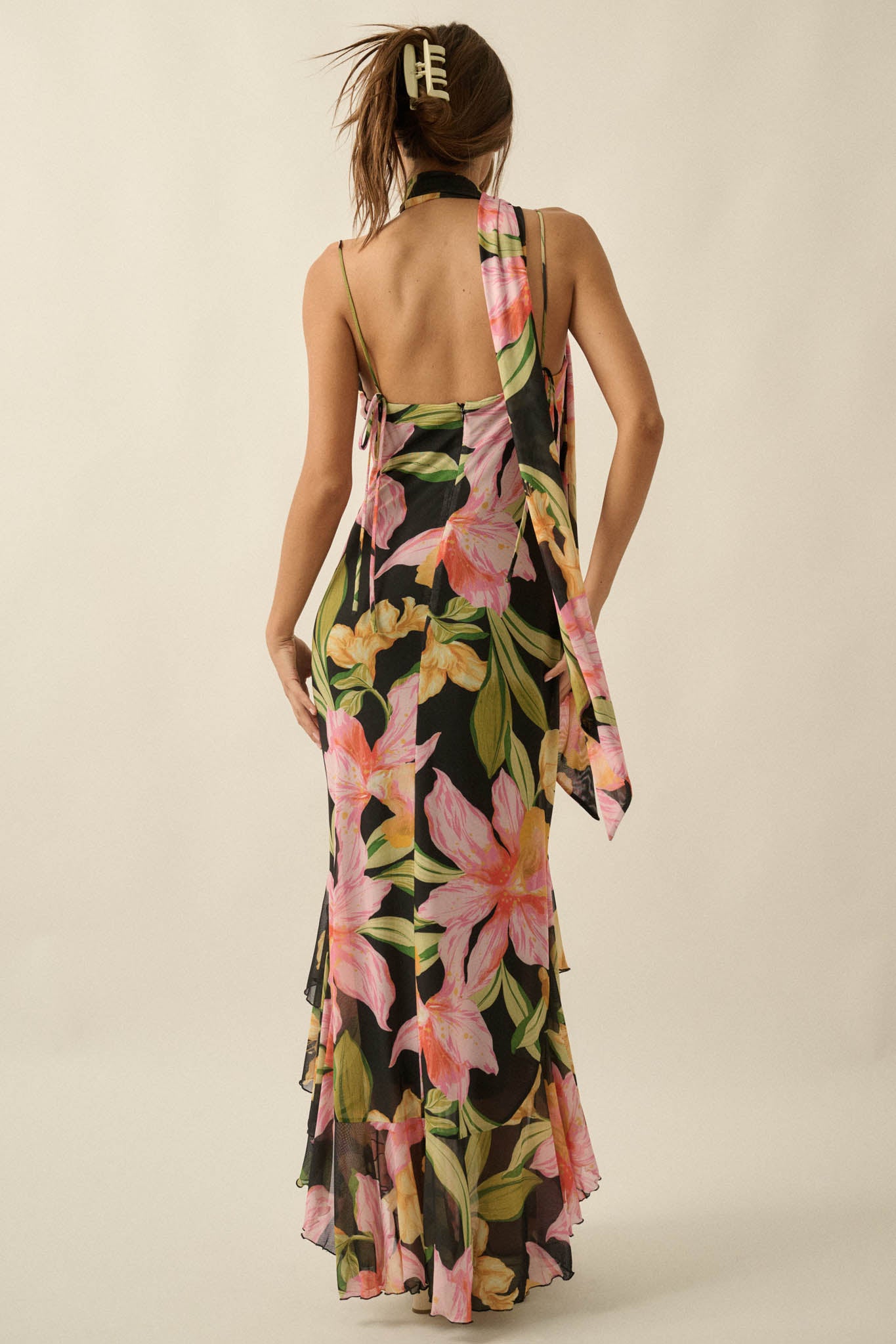 Lavish Petals Floral Mesh Ruffle Maxi Dress and Scarf - ShopPromesa