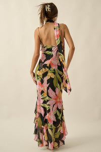 Lavish Petals Floral Mesh Ruffle Maxi Dress and Scarf - ShopPromesa