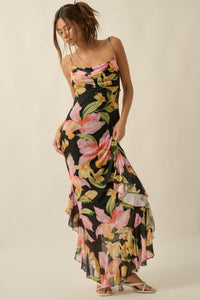 Lavish Petals Floral Mesh Ruffle Maxi Dress and Scarf - ShopPromesa