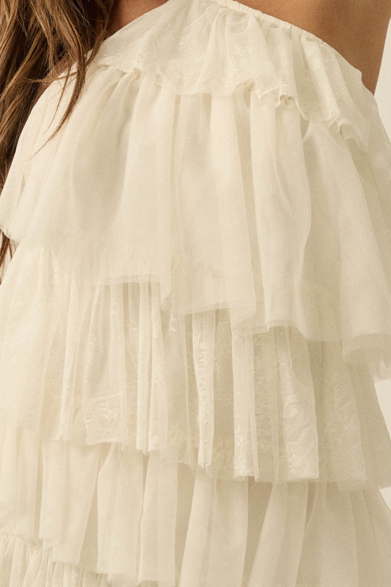 Frilly Flirt Ruffled Lace and Tulle Halter Mini Dress Cream / M
