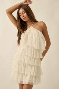 Frilly Flirt Ruffled Lace and Tulle Halter Mini Dress - ShopPromesa