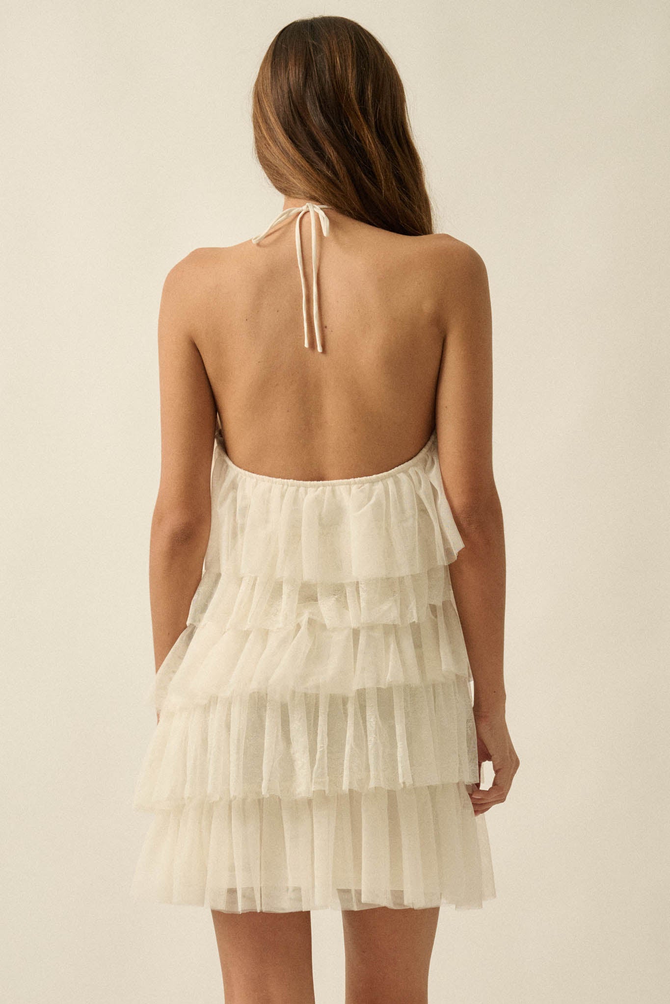 Frilly Flirt Ruffled Lace and Tulle Halter Mini Dress Cream / M Frilly Flirt Ruffled Lace and Tulle Halter Mini Dress Cream / M