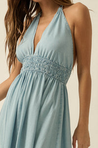 Beautiful Skies Denim Open-Back Halter Maxi Dress - ShopPromesa