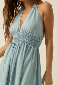 Beautiful Skies Denim Open-Back Halter Maxi Dress - ShopPromesa