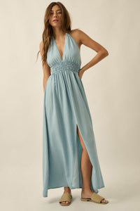 Beautiful Skies Denim Open-Back Halter Maxi Dress - ShopPromesa