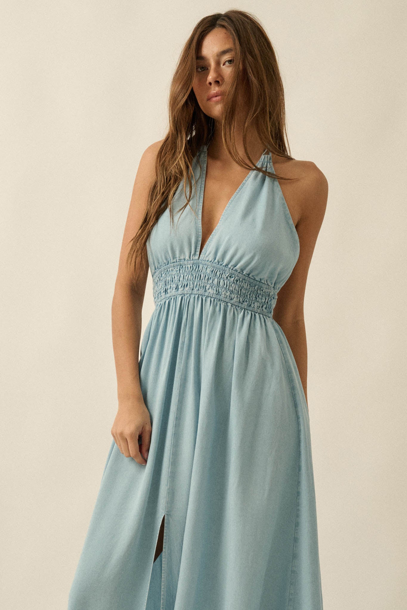 Beautiful Skies Denim Open-Back Halter Maxi Dress - ShopPromesa