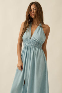 Beautiful Skies Denim Open-Back Halter Maxi Dress - ShopPromesa