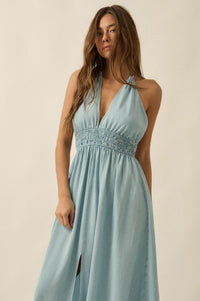 Beautiful Skies Denim Open-Back Halter Maxi Dress - ShopPromesa