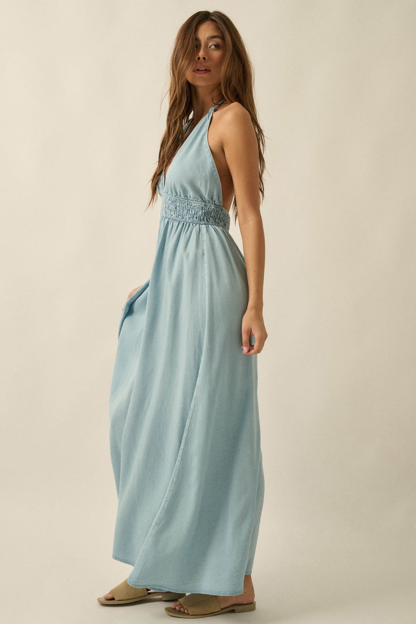 Beautiful Skies Denim Open-Back Halter Maxi Dress - ShopPromesa