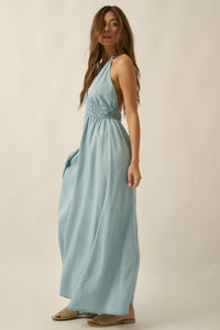 Beautiful Skies Denim Open-Back Halter Maxi Dress - ShopPromesa
