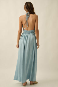 Beautiful Skies Denim Open-Back Halter Maxi Dress - ShopPromesa