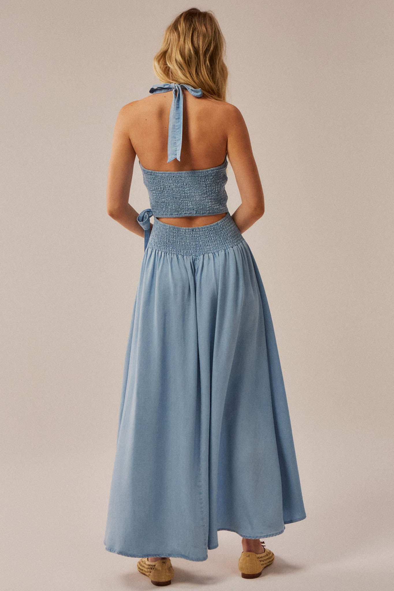 Beautiful Breeze Denim Halter Wrap Maxi Dress - ShopPromesa