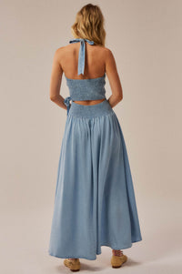 Beautiful Breeze Denim Halter Wrap Maxi Dress - ShopPromesa