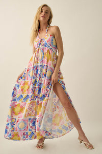 Sunny Saville Tile-Print Open-Back Halter Maxi Dress - ShopPromesa