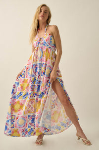 Sunny Saville Tile-Print Open-Back Halter Maxi Dress - ShopPromesa