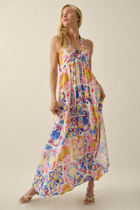 Sunny Saville Tile-Print Open-Back Halter Maxi Dress - ShopPromesa
