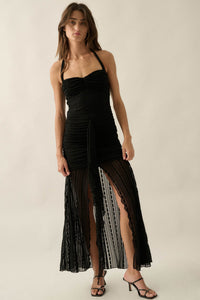 Beyond Beautiful Floral Lace Ruched Halter Maxi Dress - ShopPromesa