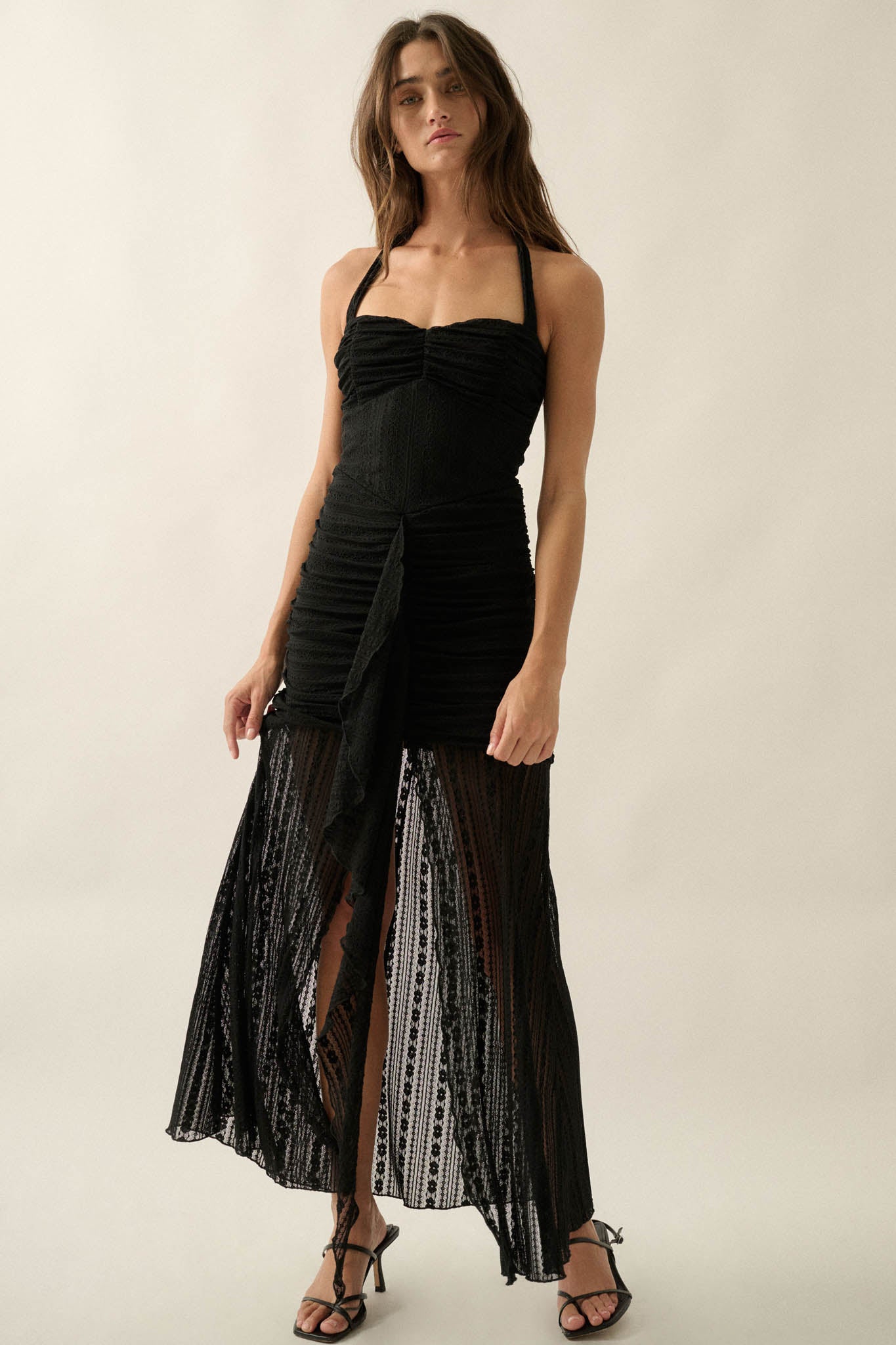 Beyond Beautiful Floral Lace Ruched Halter Maxi Dress - ShopPromesa