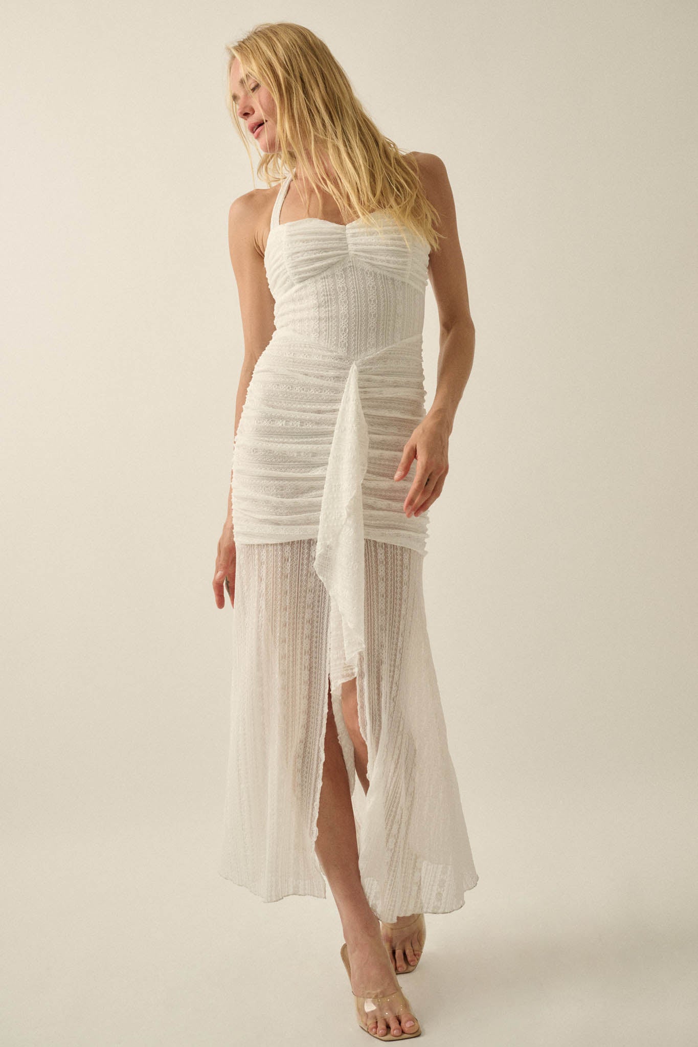 Beyond Beautiful Floral Lace Ruched Halter Maxi Dress - ShopPromesa