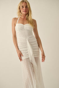 Beyond Beautiful Floral Lace Ruched Halter Maxi Dress - ShopPromesa