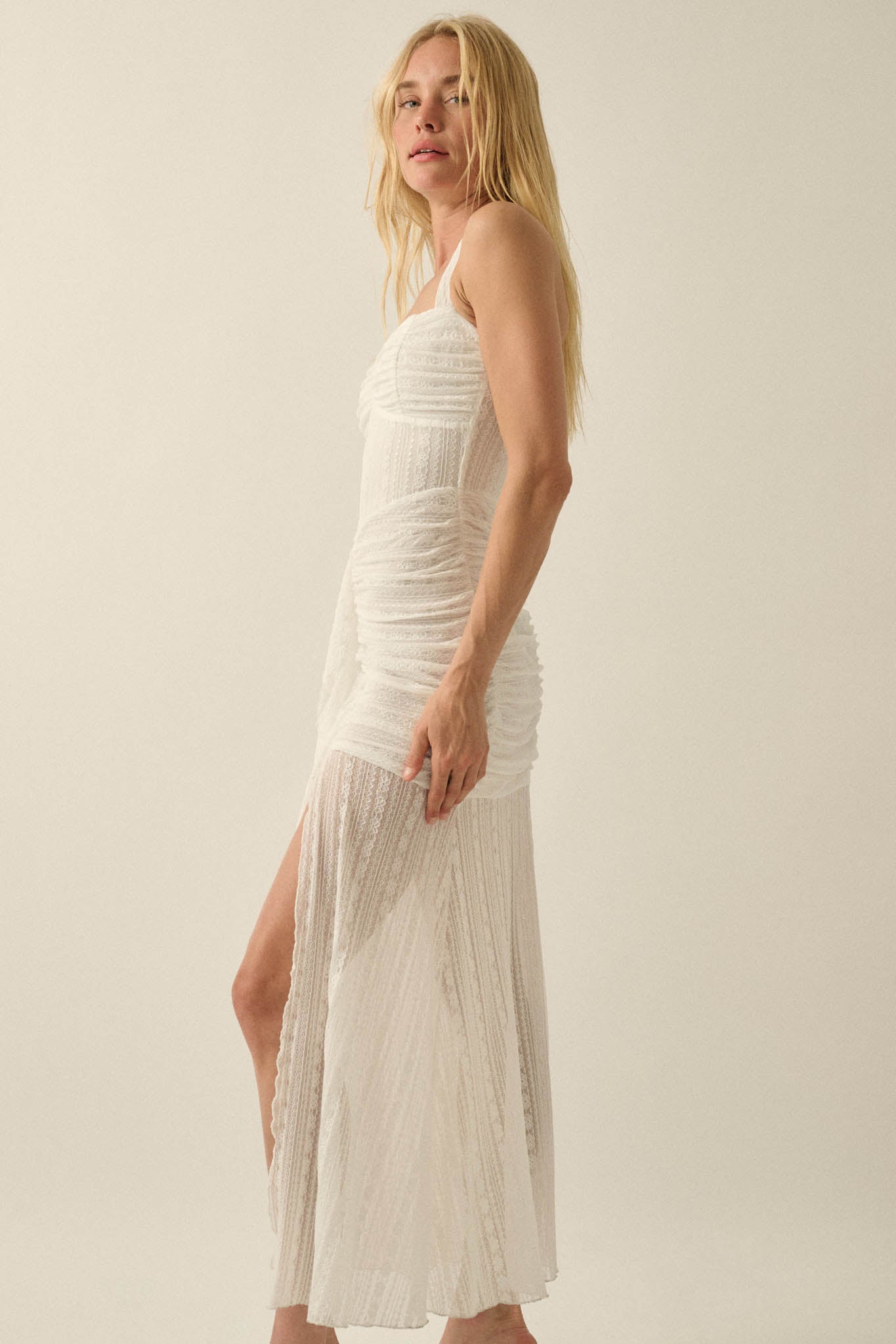 Beyond Beautiful Floral Lace Ruched Halter Maxi Dress Off White / L Beyond Beautiful Floral Lace Ruched Halter Maxi Dress Off White / L