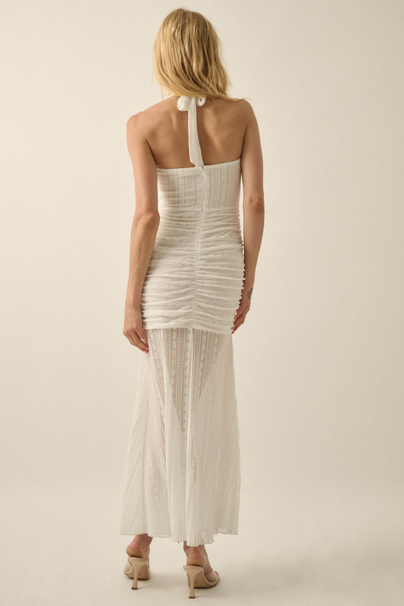 Beyond Beautiful Floral Lace Ruched Halter Maxi Dress - ShopPromesa