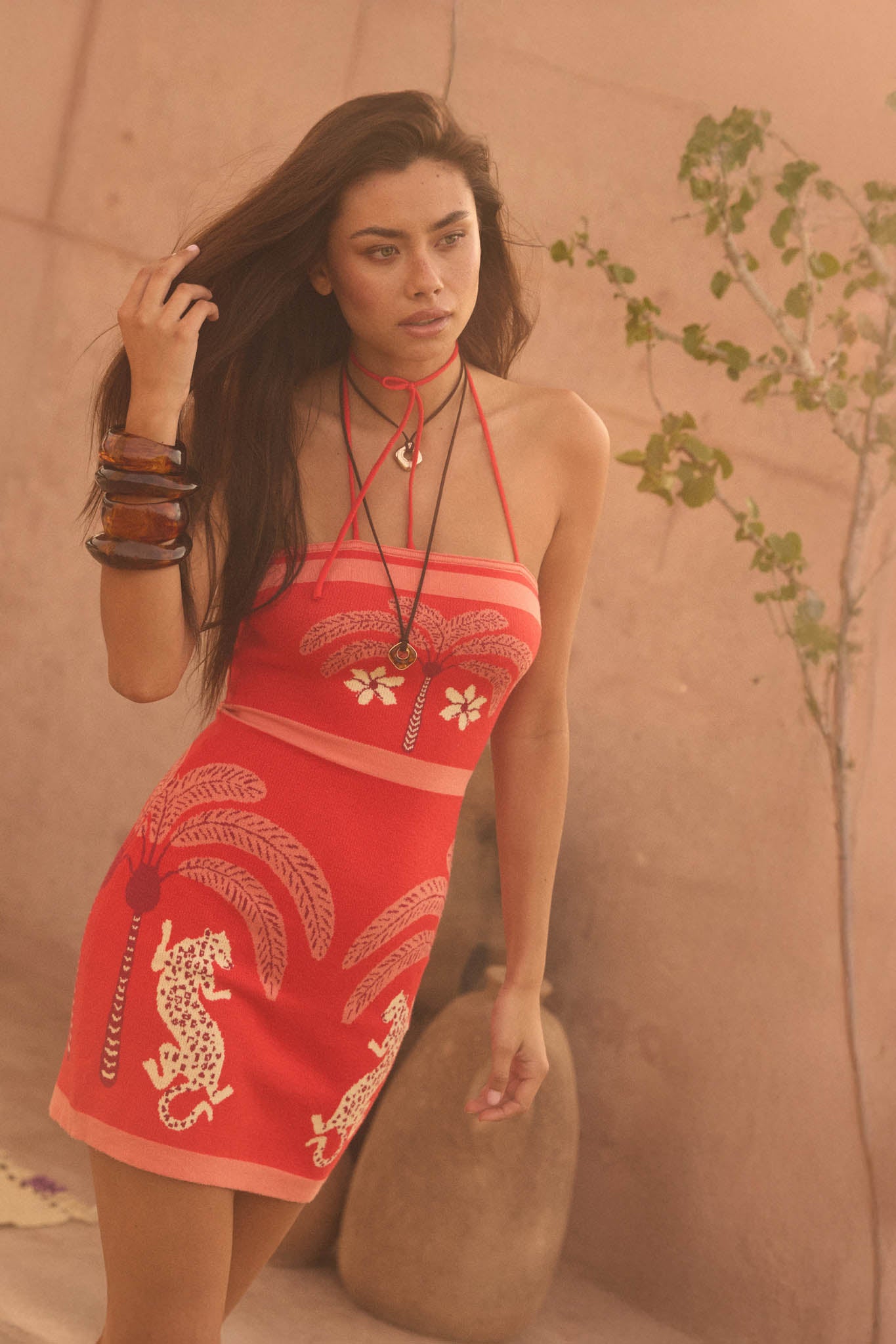Chic Safari Tropical Jacquard-Knit Halter Mini Dress - ShopPromesa