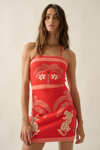 Chic Safari Tropical Jacquard-Knit Halter Mini Dress - ShopPromesa