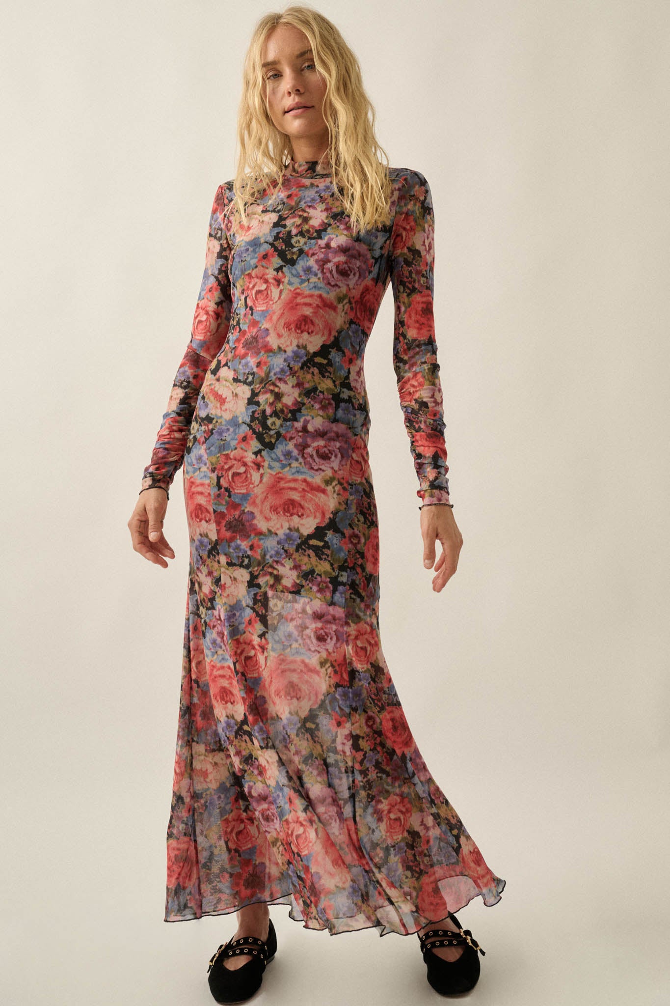 Joyful Blooms Floral Mesh Thumbhole Maxi Dress - ShopPromesa