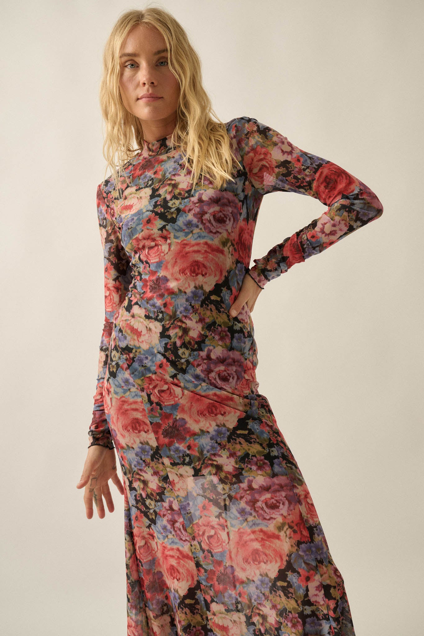 Joyful Blooms Floral Mesh Thumbhole Maxi Dress - ShopPromesa