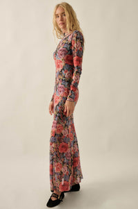 Joyful Blooms Floral Mesh Thumbhole Maxi Dress - ShopPromesa