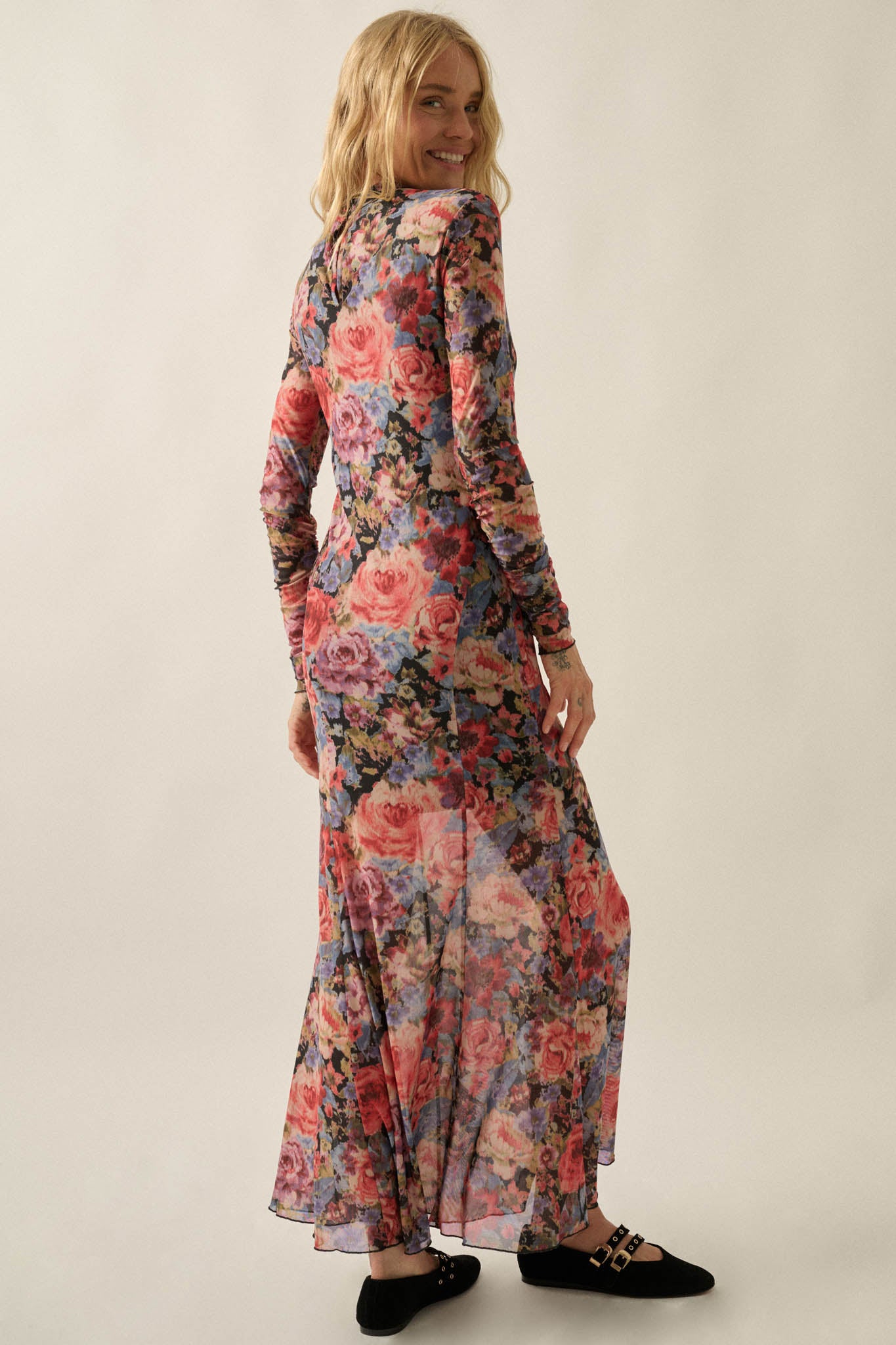 Joyful Blooms Floral Mesh Thumbhole Maxi Dress - ShopPromesa