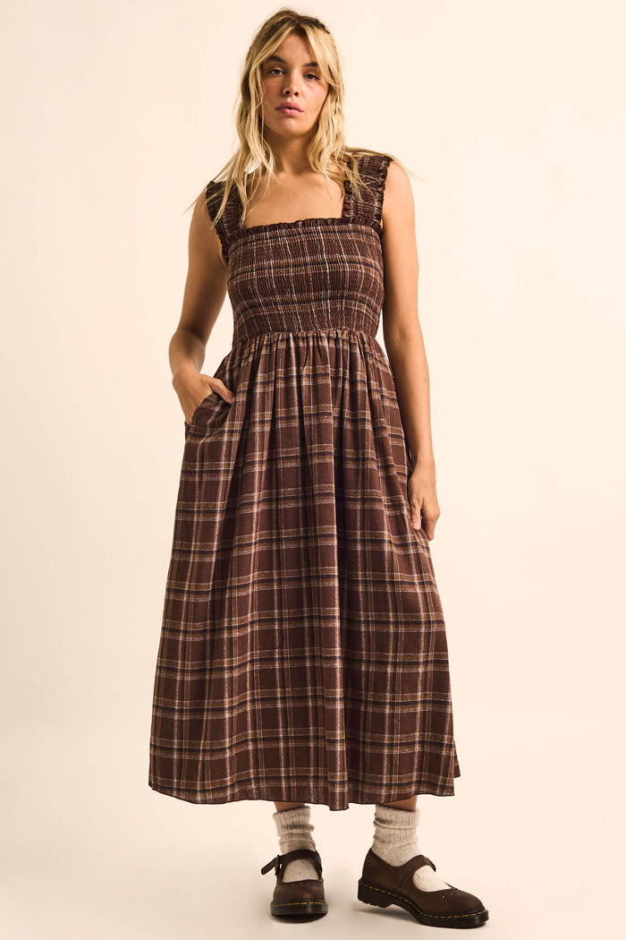 Check You Out Plaid Smocked Sleeveless Midi Dress - ShopPromesa