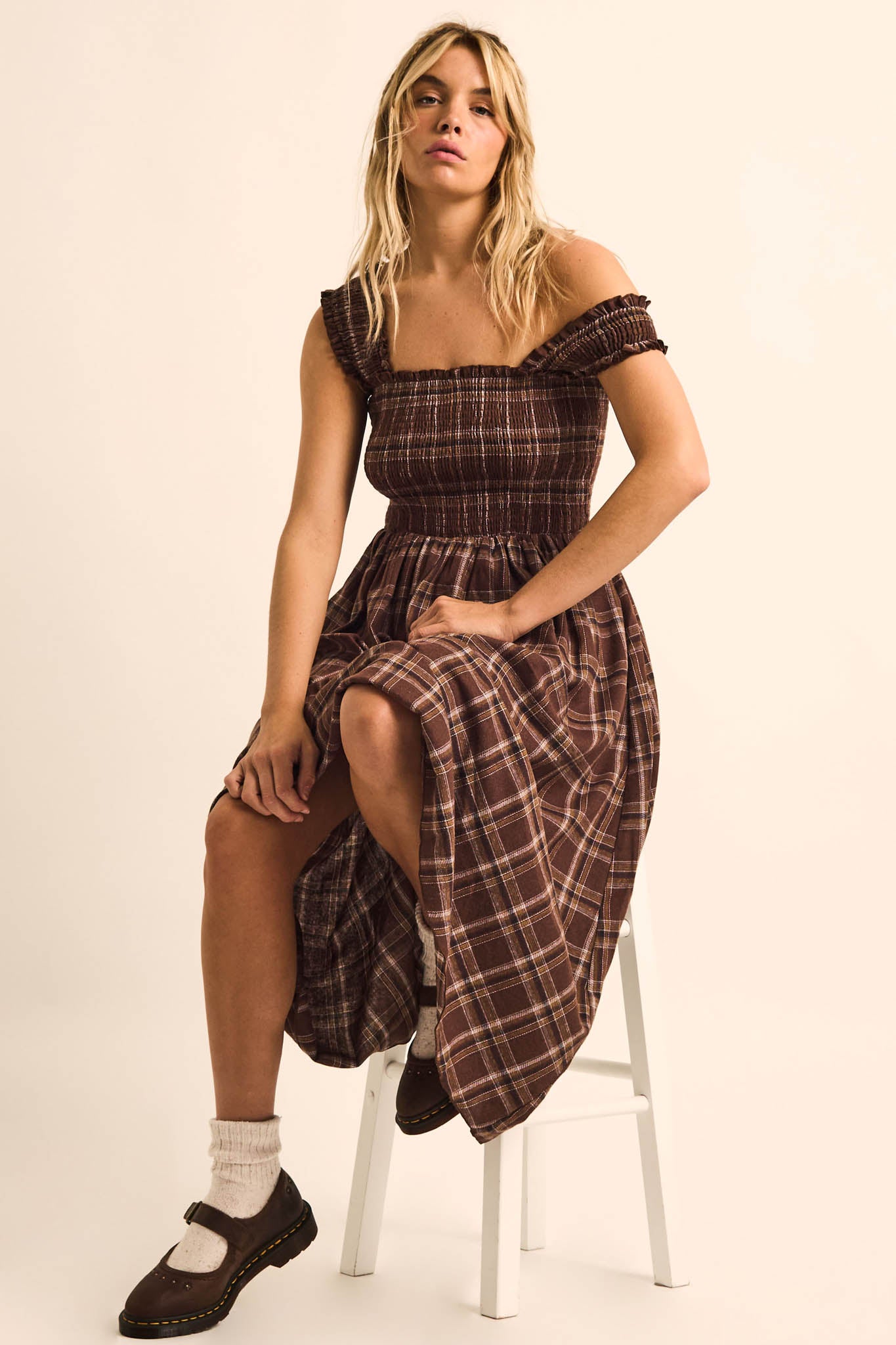 Check You Out Plaid Smocked Sleeveless Midi Dress - ShopPromesa
