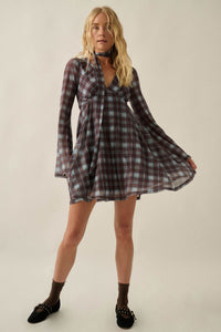 Tartan Time Plaid Mesh Bell-Sleeve Scarf Mini Dress - ShopPromesa