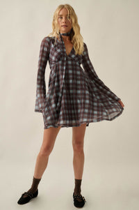 Tartan Time Plaid Mesh Bell-Sleeve Scarf Mini Dress - ShopPromesa