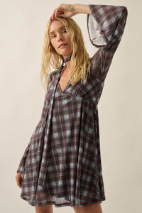 Tartan Time Plaid Mesh Bell-Sleeve Scarf Mini Dress - ShopPromesa