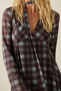 Tartan Time Plaid Mesh Bell-Sleeve Scarf Mini Dress - ShopPromesa