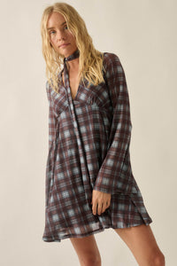 Tartan Time Plaid Mesh Bell-Sleeve Scarf Mini Dress - ShopPromesa
