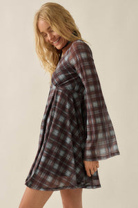 Tartan Time Plaid Mesh Bell-Sleeve Scarf Mini Dress - ShopPromesa