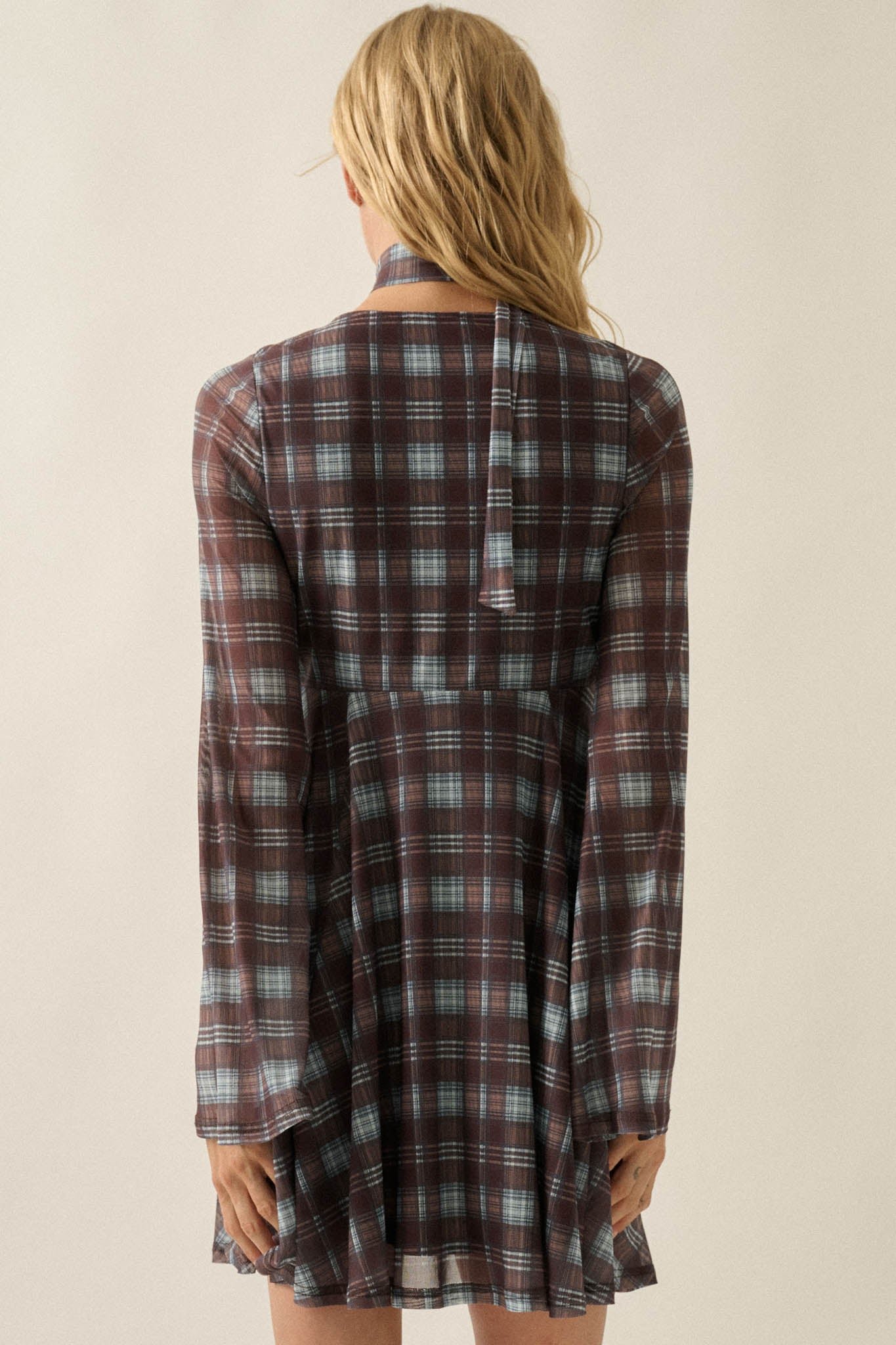 Tartan Time Plaid Mesh Bell-Sleeve Scarf Mini Dress - ShopPromesa