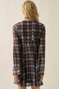 Tartan Time Plaid Mesh Bell-Sleeve Scarf Mini Dress - ShopPromesa