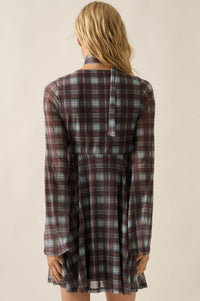 Tartan Time Plaid Mesh Bell-Sleeve Scarf Mini Dress - ShopPromesa