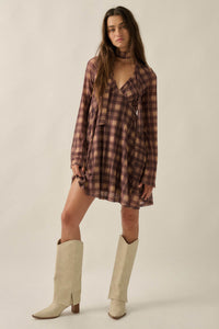 Tartan Time Plaid Mesh Bell-Sleeve Scarf Mini Dress - ShopPromesa