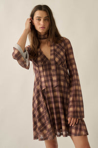 Tartan Time Plaid Mesh Bell-Sleeve Scarf Mini Dress - ShopPromesa