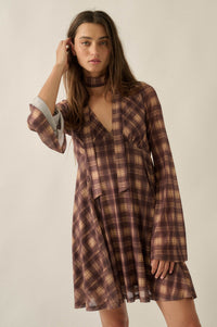 Tartan Time Plaid Mesh Bell-Sleeve Scarf Mini Dress - ShopPromesa