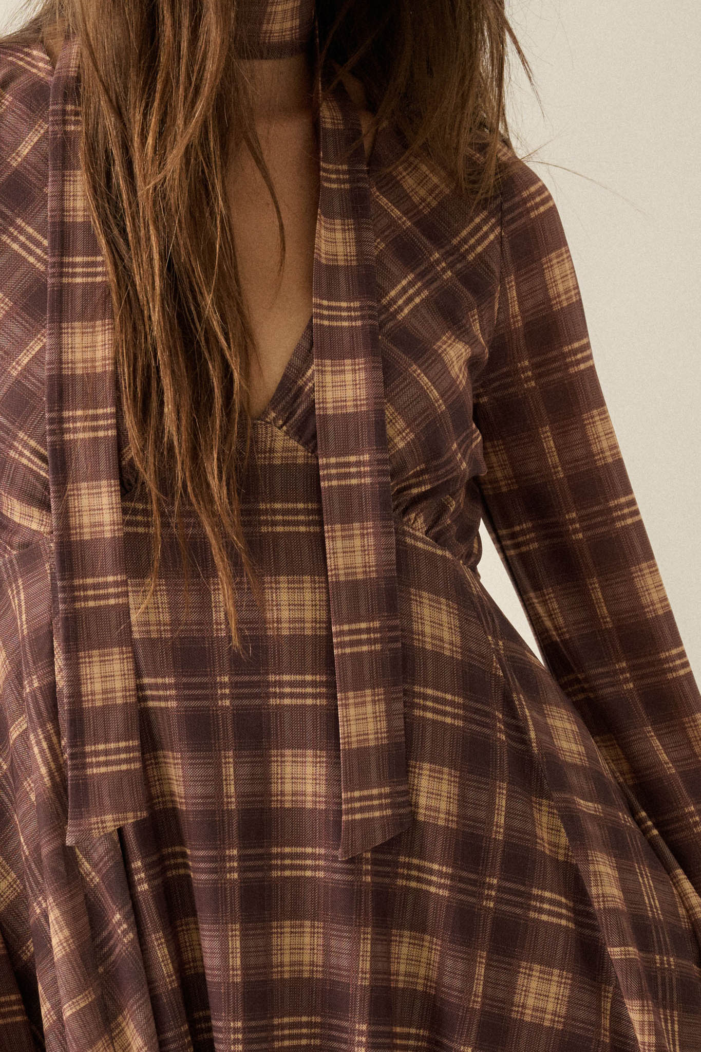 Tartan Time Plaid Mesh Bell-Sleeve Scarf Mini Dress - ShopPromesa