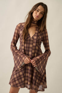 Tartan Time Plaid Mesh Bell-Sleeve Scarf Mini Dress - ShopPromesa